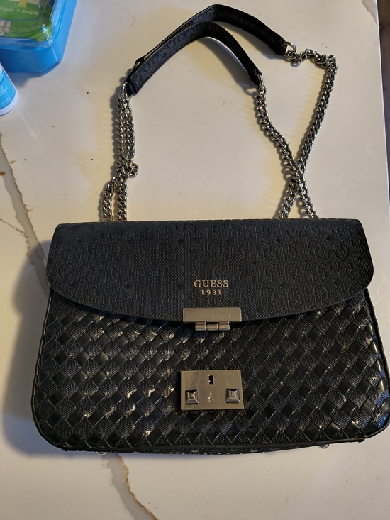 Guess Handbags - GUESS Black Quilted & Woven Chain Shoulder Bag